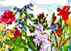 Grafika z kwiatami i kłosami zbóż