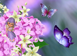 Grafika z laleczką na gałązce bzu i motylkami