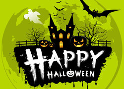 Halloween, Happy Halloween, Zamek, Dynie, Nietoperze, Zielone, Tło, Drzewa, Płot
