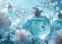 Perfumy, Flakon, Kwiaty, Niebieskie, Kompozycja, Grafika