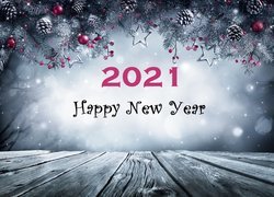Nowy Rok, 2021, Napis, Gałązki, Gwiazdki, Bombki, Szyszki