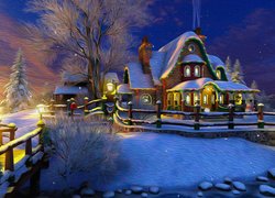 Grafika z oświetlonym domem w zimowej szacie