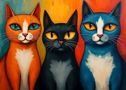 Kolorowe, Koty, Obraz, Grafika