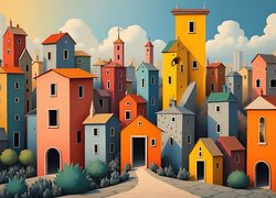 Kolorowe, Wysokie, Domy, Grafika