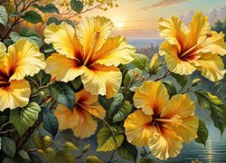 Grafika z żółtymi kwiatami hibiskusa