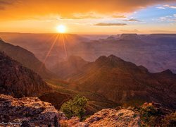 Stany Zjednoczone, Park Narodowy Wielkiego Kanionu, Wielki Kanion Kolorado, Grand Canyon, Skały, Zachód słońca