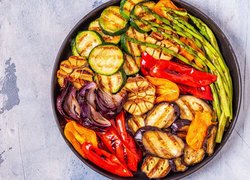 Warzywa, Talerz, Grillowane, Pomidory, Papryka, Bakłażan, Szparagi