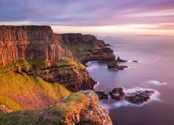 Wschód słońca, Morze, Skały, Formacja, Grobla Olbrzyma, Giants Causeway, Antrim, Irlandia