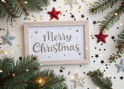 Boże Narodzenie, Gałązki, Światełka, Gwiazdki, Ramka, Napis, Merry Christmas