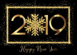 Czarne, Tło, Nowy Rok, 2019, Śnieżynki, Napis, Happy New Year