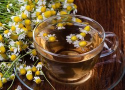 Herbata, Kwiaty, Rumianki, Filiżanka, Talerzyk, Deski