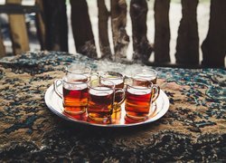 Szklanki, Herbata, Para, Taca
