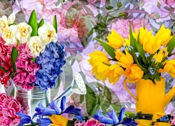 Kwiaty, Hiacynty, Tulipany, Konewki, Grafika