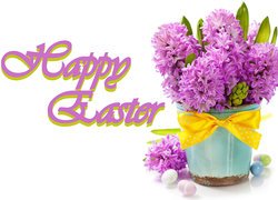 Wielkanoc, Kwiaty, Hiacynty, Doniczka, Kokarda, Żółta, Pisanki, Napis, Happy Easter, Tło