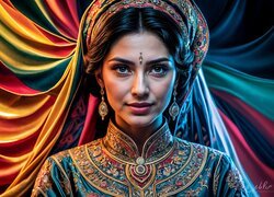 Hinduska w ozdobnym stroju na kolorowym tle