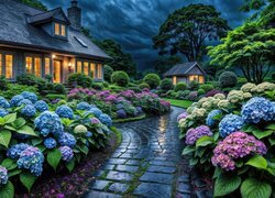 Dom, Oświetlony, Kwiaty, Hortensje, Chodnik, Drzewa, Chmury