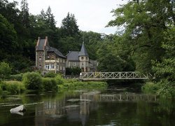 Hotel Bodeblick, Treseburg, Saksonia-Anhalt, Niemcy, Rzeka, Most, Domy, Drzewa, Roslinność