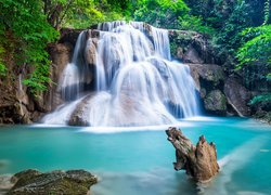 Wodospad, Huay Mae Khamin Waterfall, Skały, Kamienie, Rzeka, Mech, Las, Drzewa, Krzewy, Rośliny, Tajlandia