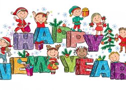 Sylwester, Wesołe, Dzieci, Prezenty, Choinka, Ozdoby, Bombki, Napis, Happy New Year, Białe, Tło