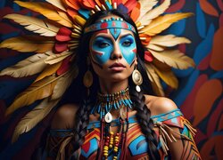 Indianka z pomalowaną twarzą w pióropuszu
