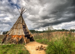 Indiański namiot tipi na łące pośród traw
