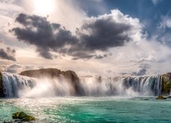 Islandia, Wodospad Godafoss, Rzeka Skjalfandafljot, Chmury, Wschód słońca