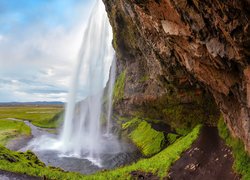 Islandia, Wodospad Seljalandsfoss, Skała, Łąka