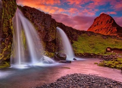Wodospad, Góra Kirkjufell, Zachód słońca, Islandia