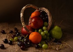 Koszyk, Owoce, Winogrona, Jabłka, Pomarańcze, Gruszka