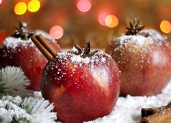 Jabłka, Cynamon, Śnieg, Blask