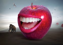 Jabłko, Czerwone, Usta, Zęby, Uśmiech, Drzewo, Ptaki, Mamut, Grafika 2D