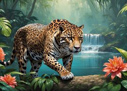 Jaguar, Rzeka, Kaskada, Rośliny, Kwiaty, 2D