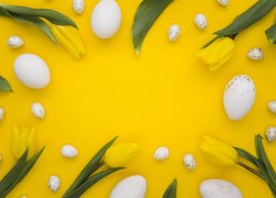 Jajeczka i tulipany na żółtym tle