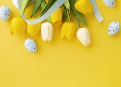 Wielkanoc, Wiosna, Kwiaty, Tulipany, Jajeczka, Żółte, Tło