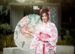 Kobieta, Japonka, Kimono, Parasolka
