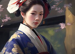 Japonka w kimono na obrazie olejnym