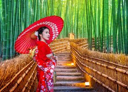 Las bambusowy, Bambusy, Drzewa, Schody, Kobieta, Japonka, Strój japoński, Parasolka, Arashiyama Bamboo Forest, Kioto, Japonia