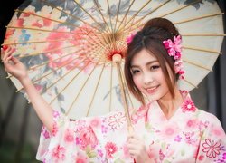 Kobieta, Japonka, Kimono, Parasolka, Uśmiech