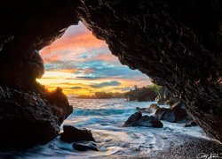 Hawaje, Morze, Jaskinia, Skały, Wschód słońca