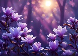 Fioletowe, Magnolie, Kwiaty, Grafika