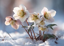 Jasnoróżowe ciemierniki w śniegu