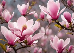 Gałązki, Jasnoróżowe, Kwiaty, Listki, Magnolia