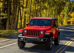 Czerwony, Jeep Wrangler Rubicon, 2018, Droga, Drzewa