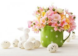 Wielkanoc, Bukiet, Kwiaty, Zielony, Kubek, Jajeczka, Zajączek