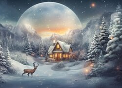 Jeleń i oświetlony dom na tle księżyca