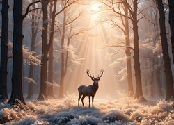 Zima, Jeleń, Las, Przebijające światło, Drzewa