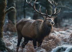 Jeleń wśród ośnieżonych suchych roślin w lesie