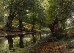 Malarstwo, Peder Monsted, Drzewa, Koryto, Rzeka, Jelenie, Sarny