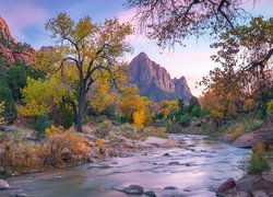 Park Narodowy Zion, Góra Watchman, Drzewa, Góry, Rzeka, Virgin River, Stan Utah, Stany Zjednoczone