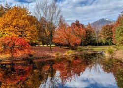 Park, Staw, Drzewa, Góry, Jesień